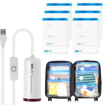 VMSTR 6 Pack Travel Vacuum Storage Bags with USB Electric Pump for Efficient Packing