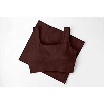 QINSEN Stretchy Shorts Women Ribbed Exercise Outfits 2 Pieces Yoga Sports Bra and Leggings Set Coffee M