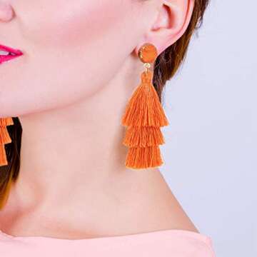 LEGITTA Orange Tassel Earrings with Druzy Stud - Bohemian Jewelry for Women