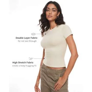 INLYRIC Women's Summer Short Sleeve Tops - Cotton Trendy Cute Basic Casual Crew Neck Double Lined T Shirts Tees Tops Milky White Medium