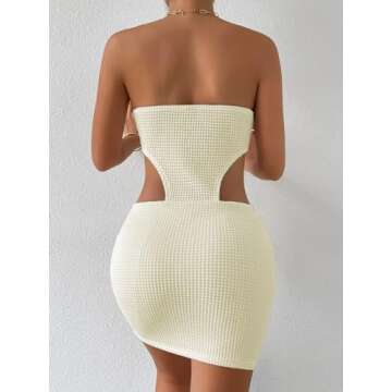 SHENHE Women's Crochet See Through Cover Ups Cut Out Sleeveless Bodycon Dresses Club Dress Strapless Tube Mini Dress White M
