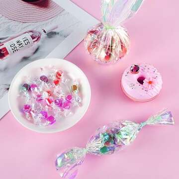 Prudiut 150 Pieces Cellophane Sheets Iridescent Cellophane Wrap Valentine's Day Cellophane Gift Wrap for Iridescent Film Crafts Decoration Holographic Candy Wraps (9 x 9 Inch)