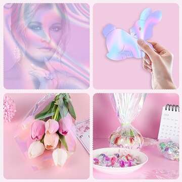 Prudiut 150 Pieces Cellophane Sheets Iridescent Cellophane Wrap Valentine's Day Cellophane Gift Wrap for Iridescent Film Crafts Decoration Holographic Candy Wraps (9 x 9 Inch)