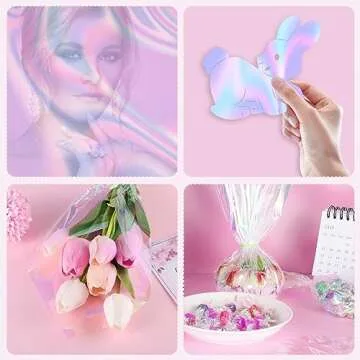 Prudiut 150 Pieces Cellophane Sheets Iridescent Cellophane Wrap Valentine's Day Cellophane Gift Wrap for Iridescent Film Crafts Decoration Holographic Candy Wraps (9 x 9 Inch)