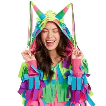 Tipsy Elves Halloween Costumes for Women - Bright Multicolored Pinata Jumpsuit Funny Halloween Costume Adult Onesie - Full Zip Womens Hooded Jumpsuit With Pockets Colorful Attached Streamers Medium
