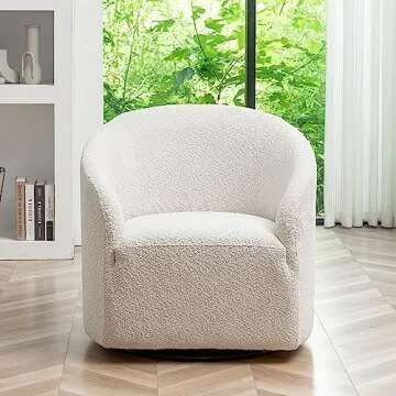 KINWELL 32" Wide Swivel Boucle Accent Chair Armchair, No Assembly Mid-Century Modern Round Upholstered Barrel Chair for Living Room, Bedroom, Office (White)