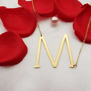 MOMOL Sideways Initial Necklace 18K Gold Plated Stainless Steel Large Big Letters M Pendant Necklace Script Name Monogram Necklaces for Women