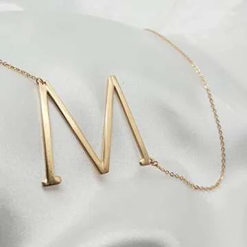 MOMOL Sideways Initial Necklace 18K Gold Plated Stainless Steel Large Big Letters M Pendant Necklace Script Name Monogram Necklaces for Women
