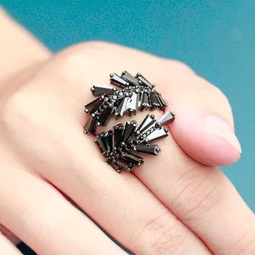 Art Cocktail Fashion Ring Size Adjustable From 6-8.5 Cubic Zirconia Jewelry for Women (Black)