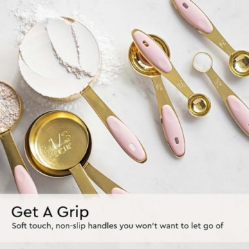 Pink Measuring Cups and Spoons Set - Sturdy 8PC Pink & Gold Measuring Cups and Spoons Set Stainless Steel with Pink Silicone Handle- Pink Kitchen Decor - Pink Kitchen Accessories - Cute Measuring Cups
