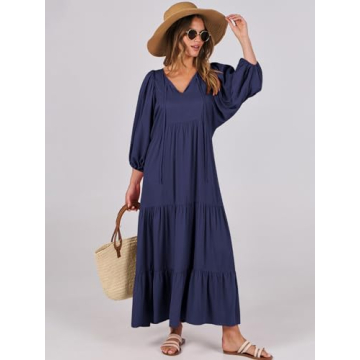 ANRABESS Womens Boho Maxi Dresses 2024 Summer V Neck Puff Sleeve Floral Flowy Swing Casual Long Dress Navy Blue Large