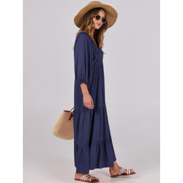 ANRABESS Womens Boho Maxi Dresses 2024 Summer V Neck Puff Sleeve Floral Flowy Swing Casual Long Dress Navy Blue Large
