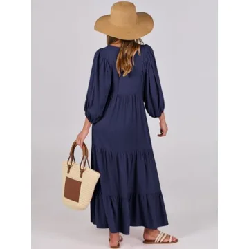 ANRABESS Womens Boho Maxi Dresses 2024 Summer V Neck Puff Sleeve Floral Flowy Swing Casual Long Dress Navy Blue Large