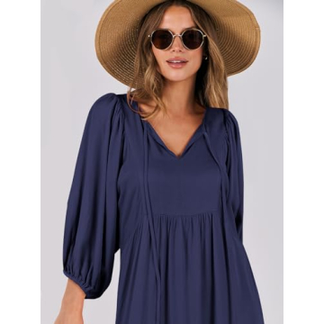 ANRABESS Womens Boho Maxi Dresses 2024 Summer V Neck Puff Sleeve Floral Flowy Swing Casual Long Dress Navy Blue Large