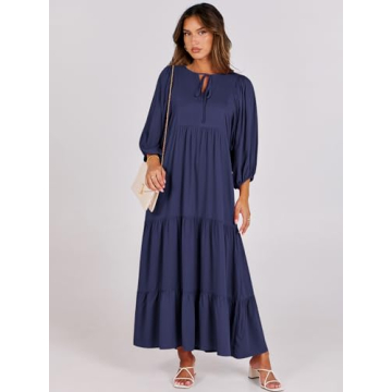ANRABESS Womens Boho Maxi Dresses 2024 Summer V Neck Puff Sleeve Floral Flowy Swing Casual Long Dress Navy Blue Large