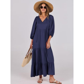 ANRABESS Womens Boho Maxi Dresses 2024 Summer V Neck Puff Sleeve Floral Flowy Swing Casual Long Dress Navy Blue Large