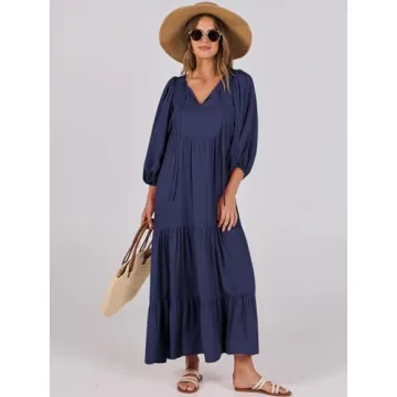 ANRABESS Womens Boho Maxi Dresses 2024 Summer V Neck Puff Sleeve Floral Flowy Swing Casual Long Dress Navy Blue Large
