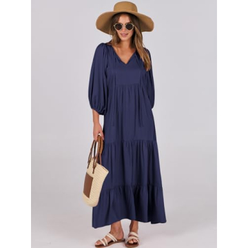 ANRABESS Womens Boho Maxi Dresses 2024 Summer V Neck Puff Sleeve Floral Flowy Swing Casual Long Dress Navy Blue Large