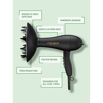 CURLSMITH Defrizzion Hair Dryer, for Curly Hair, with Extra Large 8" Diffuser for Fast Drying, 2 Speeds, 3 Heat Settings, Sustained Cool Setting with Minimal Heat Impact
