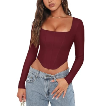 REORIA Womens Sexy Casual Square Neck Long Sleeve Backless Shirts Y2K Trendy Going Out Party Club Ni...