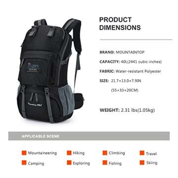 MOUNTAINTOP 40L Hiking Backpack Lightweight Travel Backpack for Men&Women Outdoor Camping Backpackin...