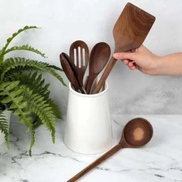 Salt & York 5-piece Walnut Wooden Kitchen Utensil Set - Includes Turner, Tongs, Slotted Spoon, Ladle, and 12" Spoon - Best Wooden Spoons for Cooking - Ideal for Nonstick Cookware