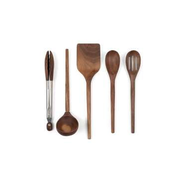 Salt & York 5-piece Walnut Wooden Kitchen Utensil Set - Includes Turner, Tongs, Slotted Spoon, Ladle, and 12" Spoon - Best Wooden Spoons for Cooking - Ideal for Nonstick Cookware