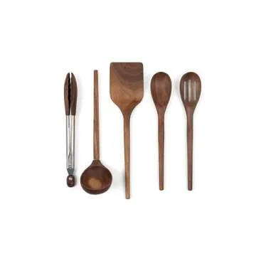 Salt & York 5-piece Walnut Wooden Kitchen Utensil Set - Includes Turner, Tongs, Slotted Spoon, Ladle, and 12" Spoon - Best Wooden Spoons for Cooking - Ideal for Nonstick Cookware