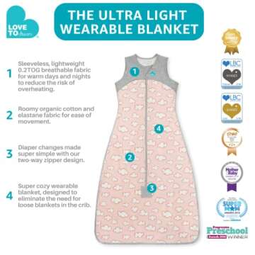 Love to Dream Lite Organic Toddler Sleep Bag (18-36 Mo), Super Soft Temp Regulating Sleeping Sack, 0.2TOG Lightweight Wearable Blanket, Pink