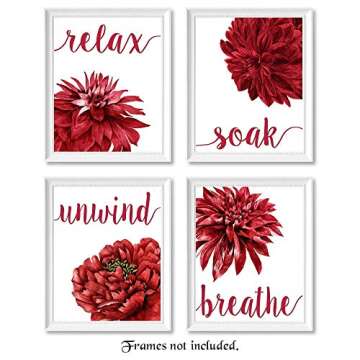Simple Relax Soak Unwind Breathe Red Blend Floral Prints, 4 (8x10) Unframed Photos, Wall Art Decor Gift for Home Office Salon Lounge Bathroom School College Student Coach Yoga Garden Flowers Fan