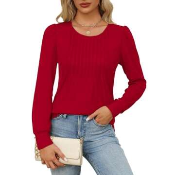 OFEEFAN Womens Long Sleeve Shirts Valentine Shirts Fall Tops Trendy Pleating Christmas Tunics or Tops to Wear with Leggings Blouse Red L