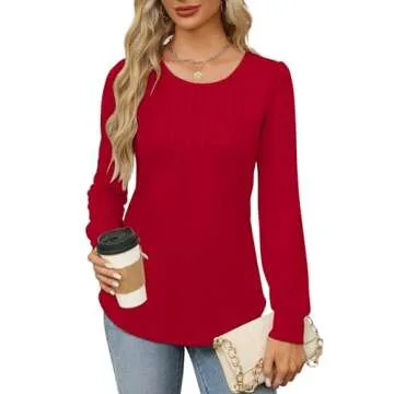 OFEEFAN Womens Long Sleeve Shirts Valentine Shirts Fall Tops Trendy Pleating Christmas Tunics or Tops to Wear with Leggings Blouse Red L