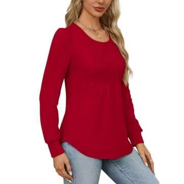 OFEEFAN Womens Long Sleeve Shirts Valentine Shirts Fall Tops Trendy Pleating Christmas Tunics or Tops to Wear with Leggings Blouse Red L