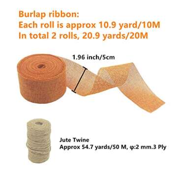 2 Rolls Burlap Ribbon Set, 21.87 Yards 2 inch Wide Burlap Weave Ribbon for Craft Wreaths Wrapping Bo...