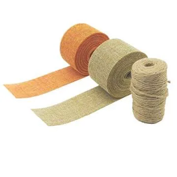 2 Rolls Burlap Ribbon Set, 21.87 Yards 2 inch Wide Burlap Weave Ribbon for Craft Wreaths Wrapping Bows Christmas Tree (Orange+Natural+Jute Twine)