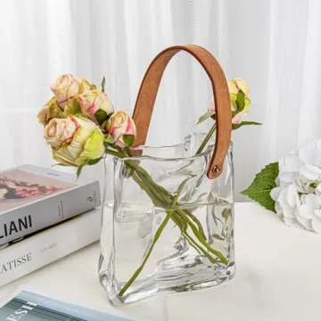 Glass Purse Vase for Flowers Clear Vases for Centerpieces Glass Bag Vase with Leather Handle Small B...
