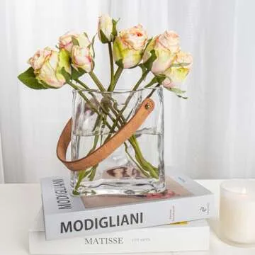 Glass Purse Vase for Flowers Clear Vases for Centerpieces Glass Bag Vase with Leather Handle Small Bag Vase for Decor Decorative Fish Bowl Handbag Vase for Home Wedding Decor