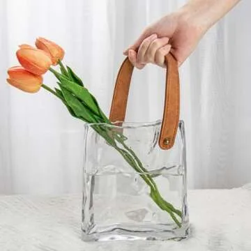 Glass Purse Vase for Flowers Clear Vases for Centerpieces Glass Bag Vase with Leather Handle Small Bag Vase for Decor Decorative Fish Bowl Handbag Vase for Home Wedding Decor