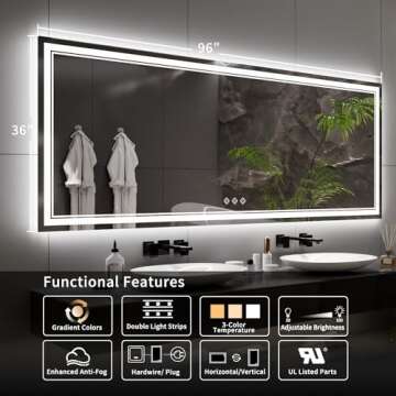 VanPokins Bathroom Mirror with Lights, 96x36 Inch Gradient Front and Backlit Big Lighted Bathroom Mirror, 3 Colors Dimmable CRI>90 Double Lights, IP54 Enhanced Anti-Fog, Wall Mount LED Mirror