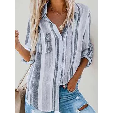 Astylish Women Summer Long Sleeve Collared Button Down Striped Shirt Tops - Elegant Casual Wear