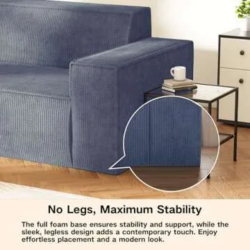 Swbvs Sofa-in-a-Box, Memory Foam 3-Seater Couch, No Installation & Easy to Transport, Deep Seat Modern Sofa with Corduroy Fabric, Couch for Living Room, Bedroom, Apartment, Home Office,Grey