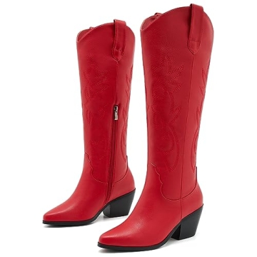 ZXHYZLZ Red Cowgirl Boots - Wide Calf Knee-High Cowboy Boots For Women with Side Zip and Classic Emb...