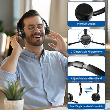 Pointcinco Bluetooth Headset with AI Noise Canceling Microphone, Convertible Stereo to Mono Headset, Premium Wireless Headset with USB dongle for Game Office Call Center Skype Zoom Meeting Trucker