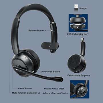 Pointcinco Bluetooth Headset with AI Noise Canceling Microphone, Convertible Stereo to Mono Headset, Premium Wireless Headset with USB dongle for Game Office Call Center Skype Zoom Meeting Trucker