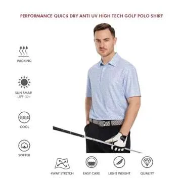 Men's Golf Shirts Dry Fit Short Sleeve Print Performance Moisture Wicking Patterned Polo Shirt for Men Blue Loop Chain