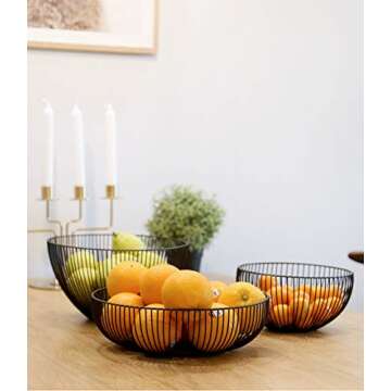 Yesland 2 Pack Metal Wire Fruit Basket- 11 Inches Black Kitchen Countertop Fruit Bowl Vegetable Holder for Bread, Snacks, Households Items Storage for Kitchen, Livingroom