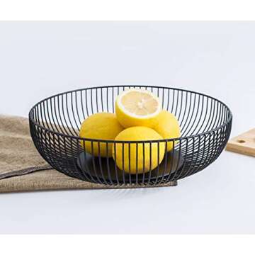 Yesland 2 Pack Metal Wire Fruit Basket- 11 Inches Black Kitchen Countertop Fruit Bowl Vegetable Holder for Bread, Snacks, Households Items Storage for Kitchen, Livingroom