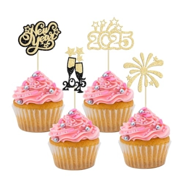 24Pcs 2025 Happy New Year Cupcake Topper Gold Glitter Hello 2025 Cupcake Toppers Cheers to 2025 Cham...