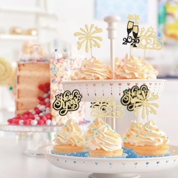 2025 Happy New Year Cupcake Toppers Gold Glitter Decoration
