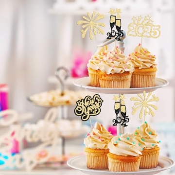 2025 Happy New Year Cupcake Toppers Gold Glitter Decoration